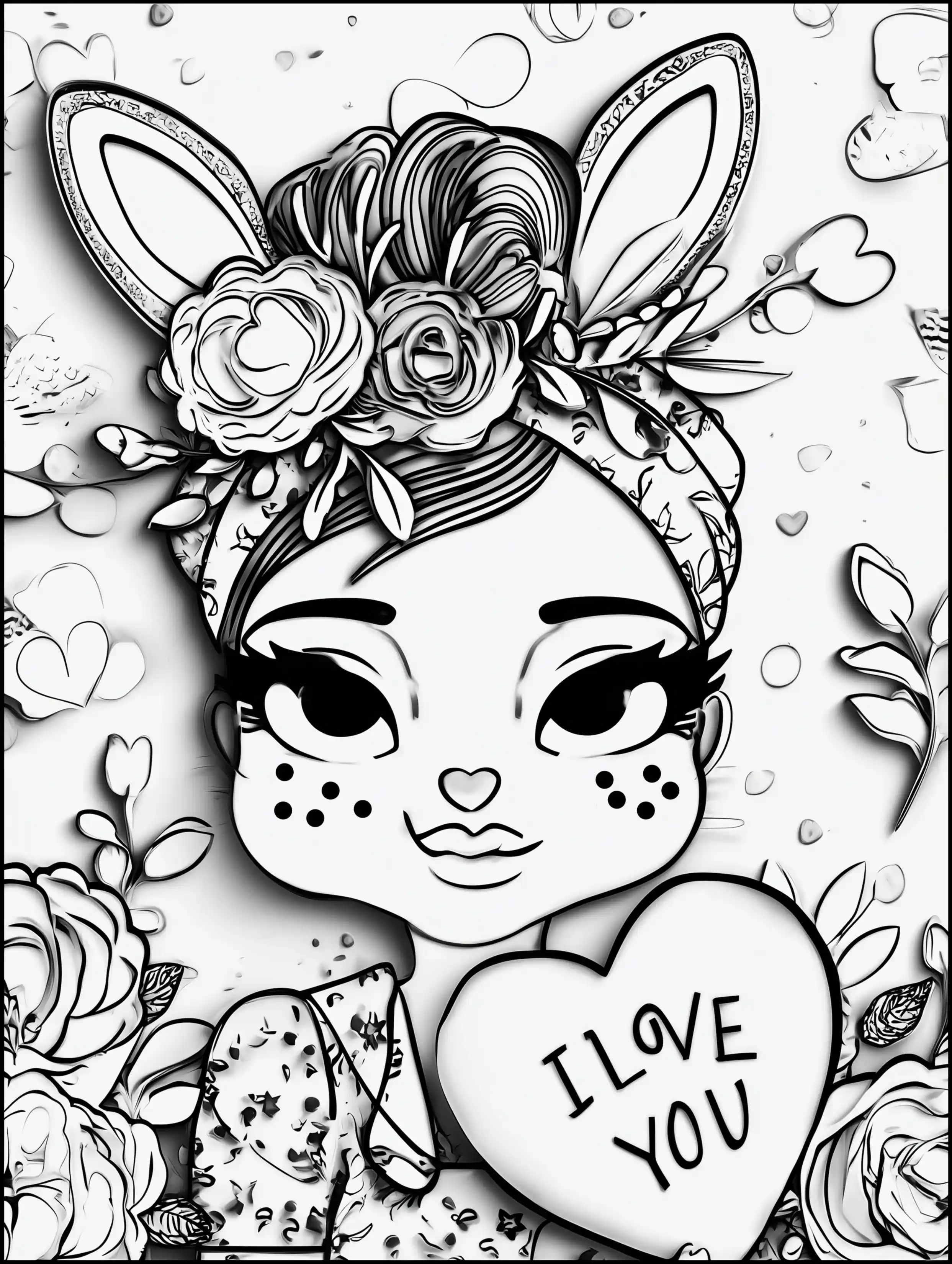 Free printable coloring page for your mom featuring a bunny with freckles and an i love you message